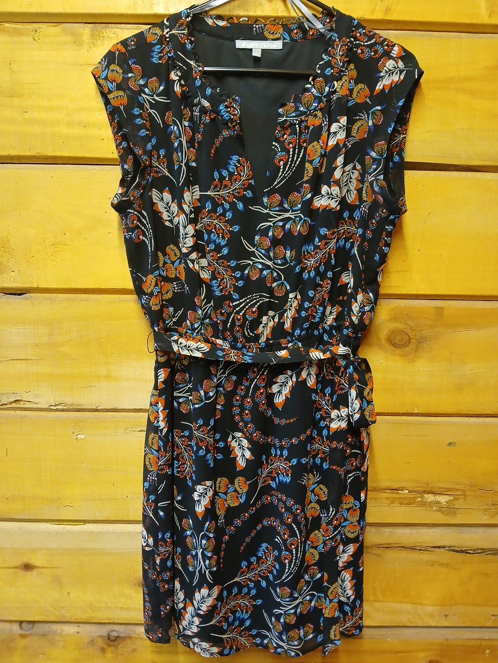 Daniel Rainn Black Floral Midi Dress with Blue and Orange Accents